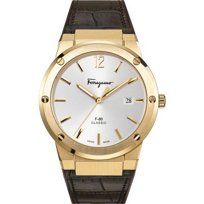 Salvatore Ferragamo F-80 Croc Embossed Leather Strap Watch, 41Mm