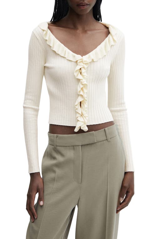 MANGO Rib Ruffle Accent Cardigan in Off White at Nordstrom, Size X-Small