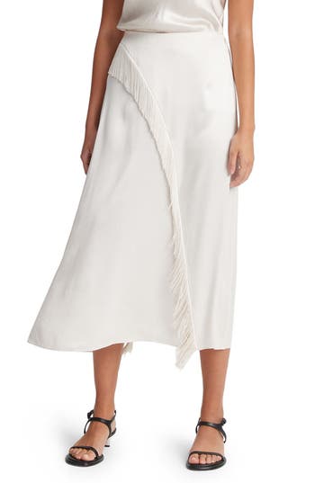 Vince Asymmetric Fringe Midi Skirt In Sandstone