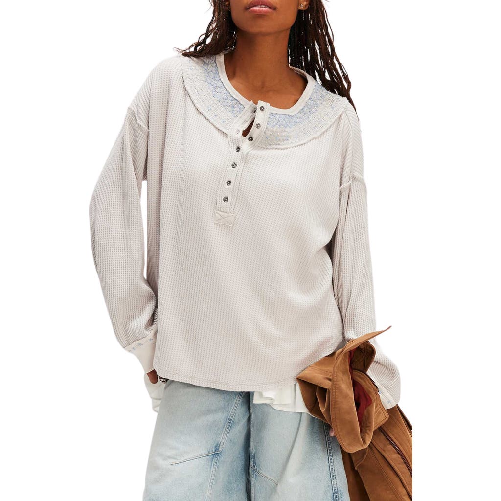 Free People Holly Embroidered Henley in Heather Grey Combo