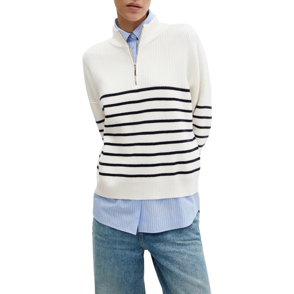 Mango Oversize Stripe Quarter Zip Sweater In White/navy Stripe