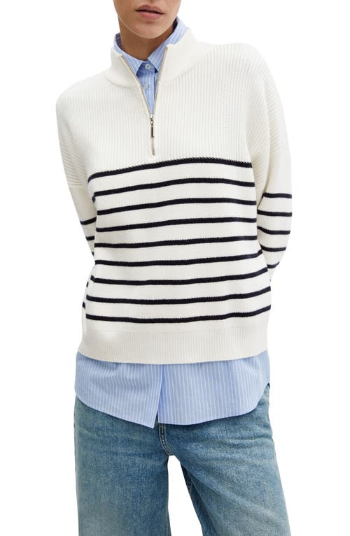 MANGO Oversize Stripe Quarter Zip Sweater White/Navy at Nordstrom,