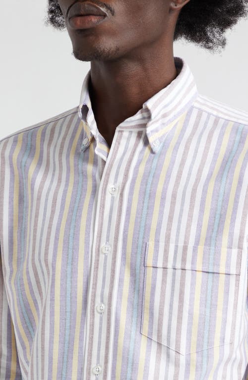 Shop Drake's Stripe Oxford Button-down Shirt In Purple/yellow/brown