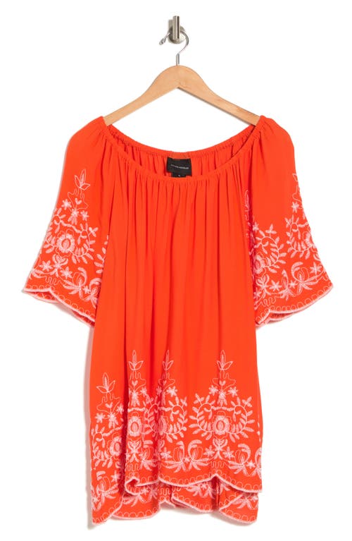 Shop Forgotten Grace Embroidered Trim Peasant Tunic Top In Tomato/red/white