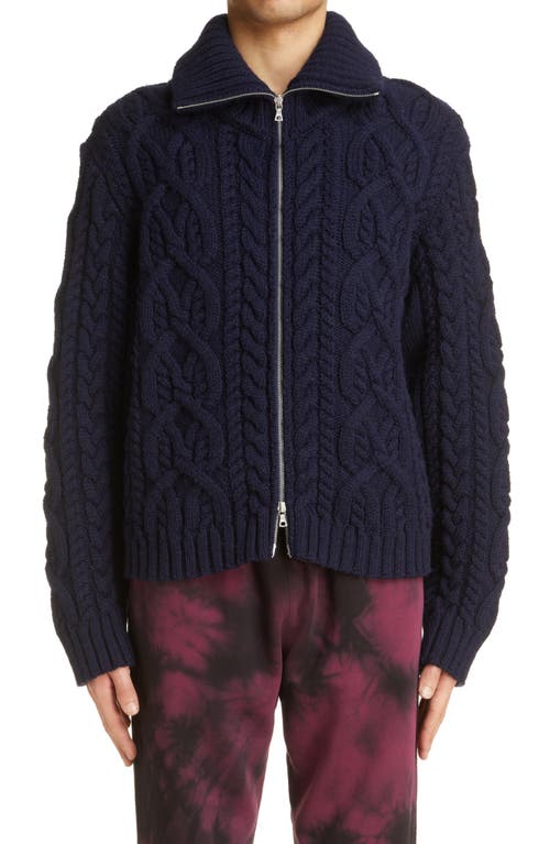 Dries Van Noten Naldo Cable Stitch Zip-Up Sweater in Navy | Smart