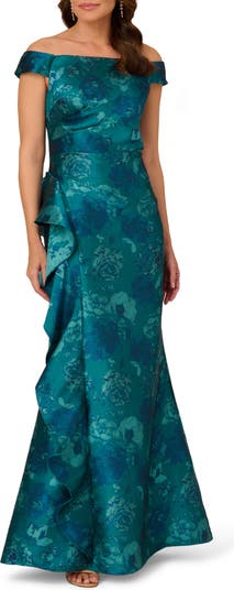 Adrianna Papell Ruffle Off the Shoulder Jacquard Mermaid Gown