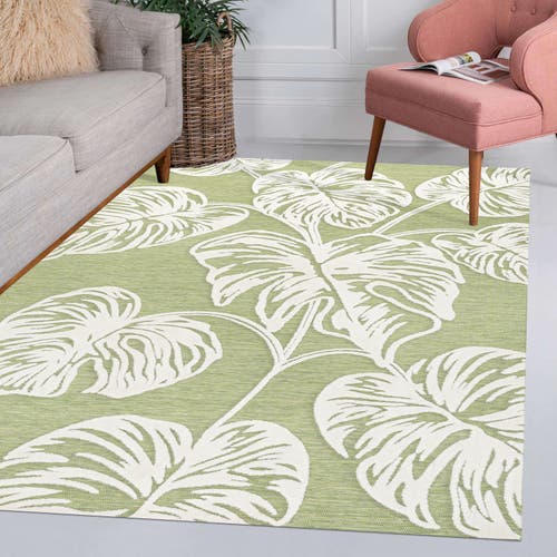 Jonathan Y Tobago High-low Two-tone Monstera Leaf Indoor/outdoor Area Rug In Light Green/ivory