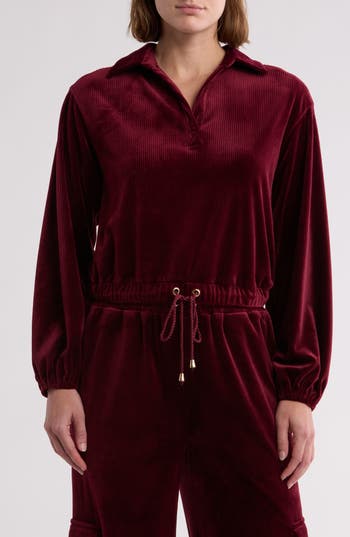 Gemma + Jane Long Sleeve Drawstring Waist Corduroy Top In Biking Red