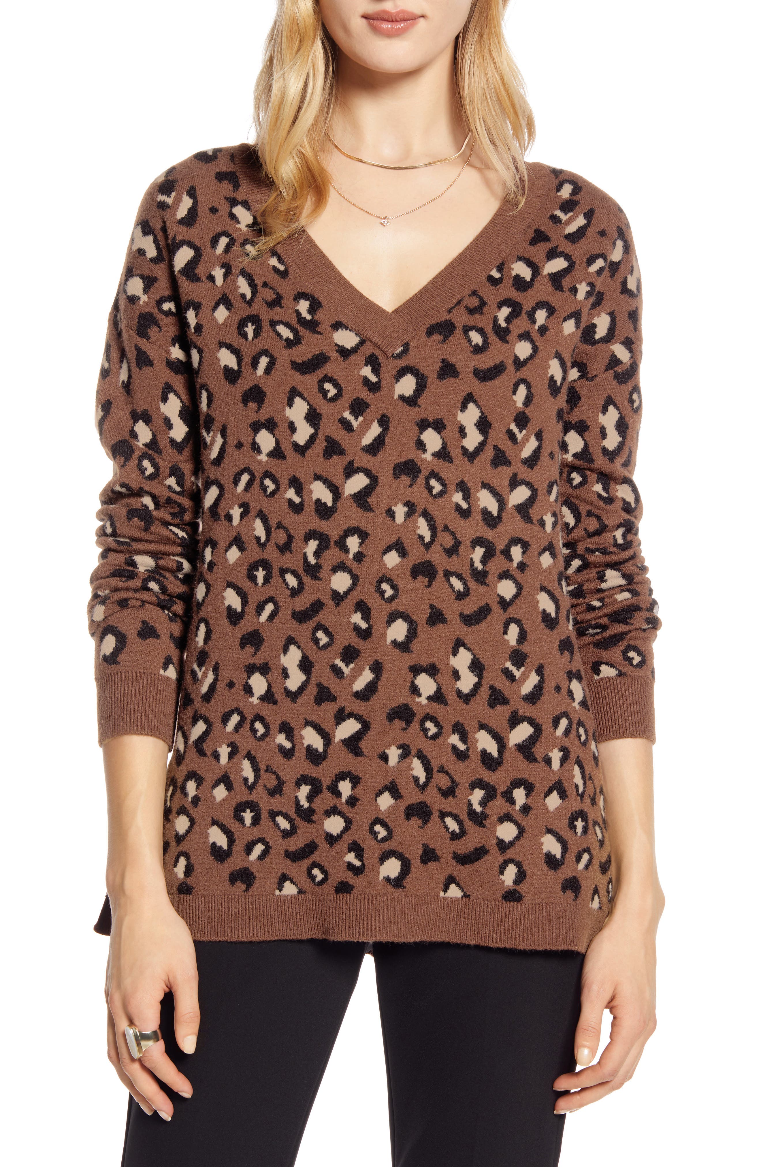 Halogen® Leopard Pattern VNeck Sweater Nordstrom