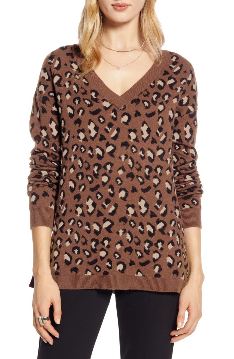 Halogen® Leopard Pattern V-Neck Sweater | Nordstrom