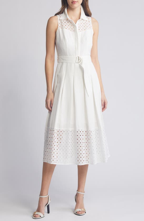 Anne Klein Eyelet Embroidery Linen Blend Midi Dress In Bright White