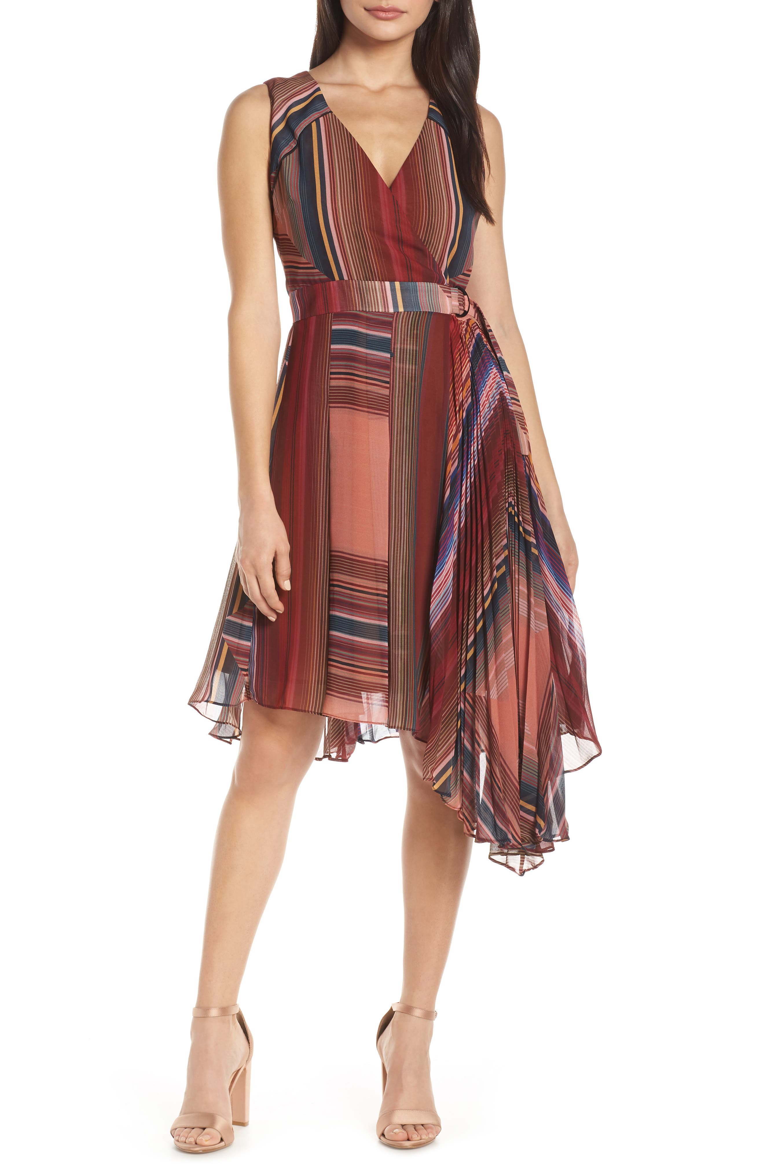 Harlyn Pleated Chiffon Faux Wrap Cocktail Dress, Red