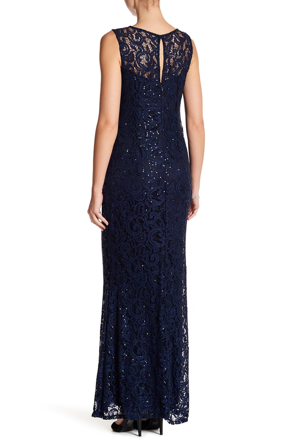 marina sleeveless illusion yoke lace gown