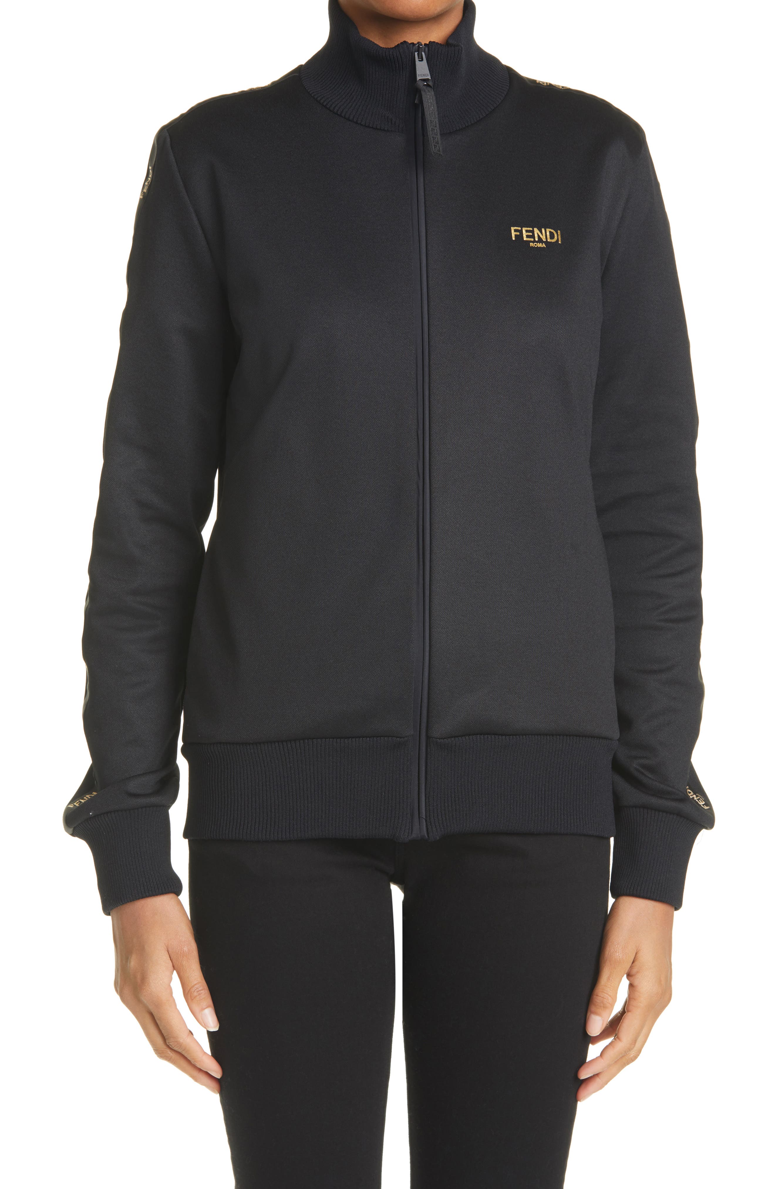 Fendi Logo Jersey Pique Track Jacket in Black at Nordstrom, Size 0 Us