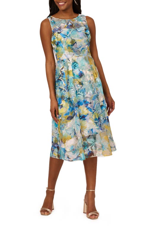 Adrianna Papell Floral Embroidered Fit & Flare Dress In Blue/ivory Multi