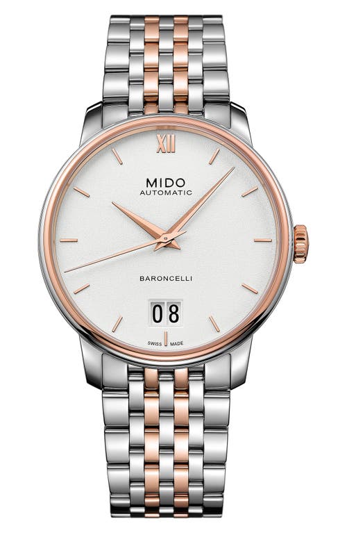 MIDO Baroncelli III Automatic Bracelet Watch, 40mm in Silver/White/Rose Gold at Nordstrom