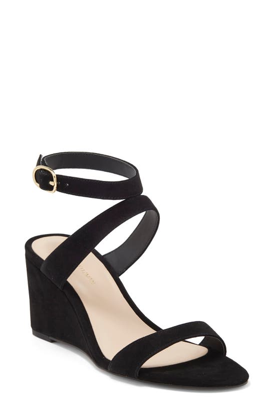 Stuart Weitzman Ave Strap 75 Suede Wedge Sandal In Black