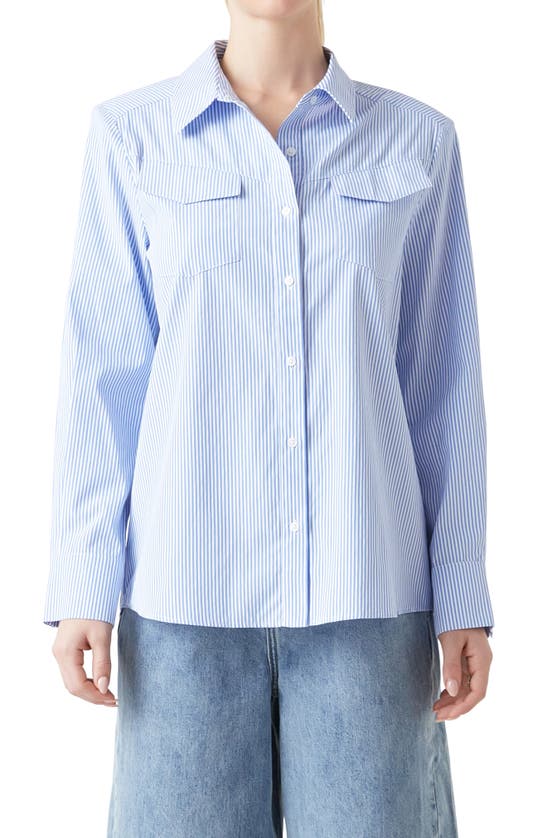 Shop Grey Lab Power Shoulder Stripe Button-up Shirt In Blue