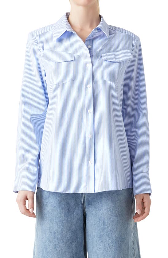 Grey Lab Power Shoulder Stripe Button-up Shirt In Blue