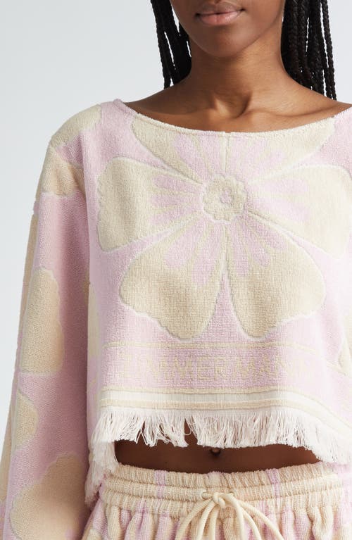 Shop Zimmermann Pop Floral Bell Sleeve Crop Cotton Terry Cloth Top In Pink/cream