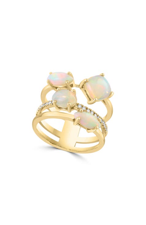 14K Yellow Gold Ethiopian Opal & Diamond Multiband Ring - 0.12ct.