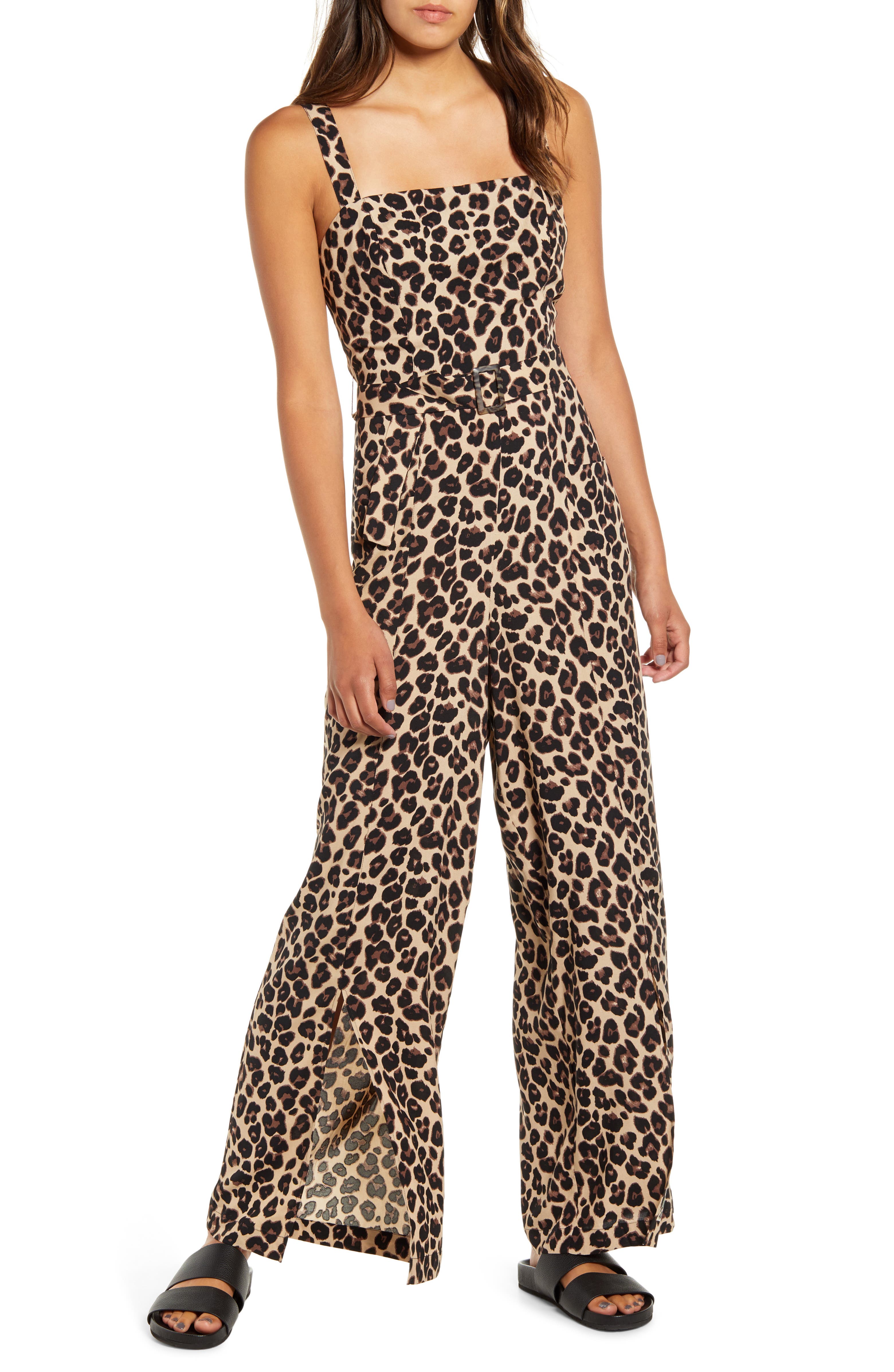 Band of Gypsies Leopard Print Belted Wide Leg Jumpsuit | Nordstrom
