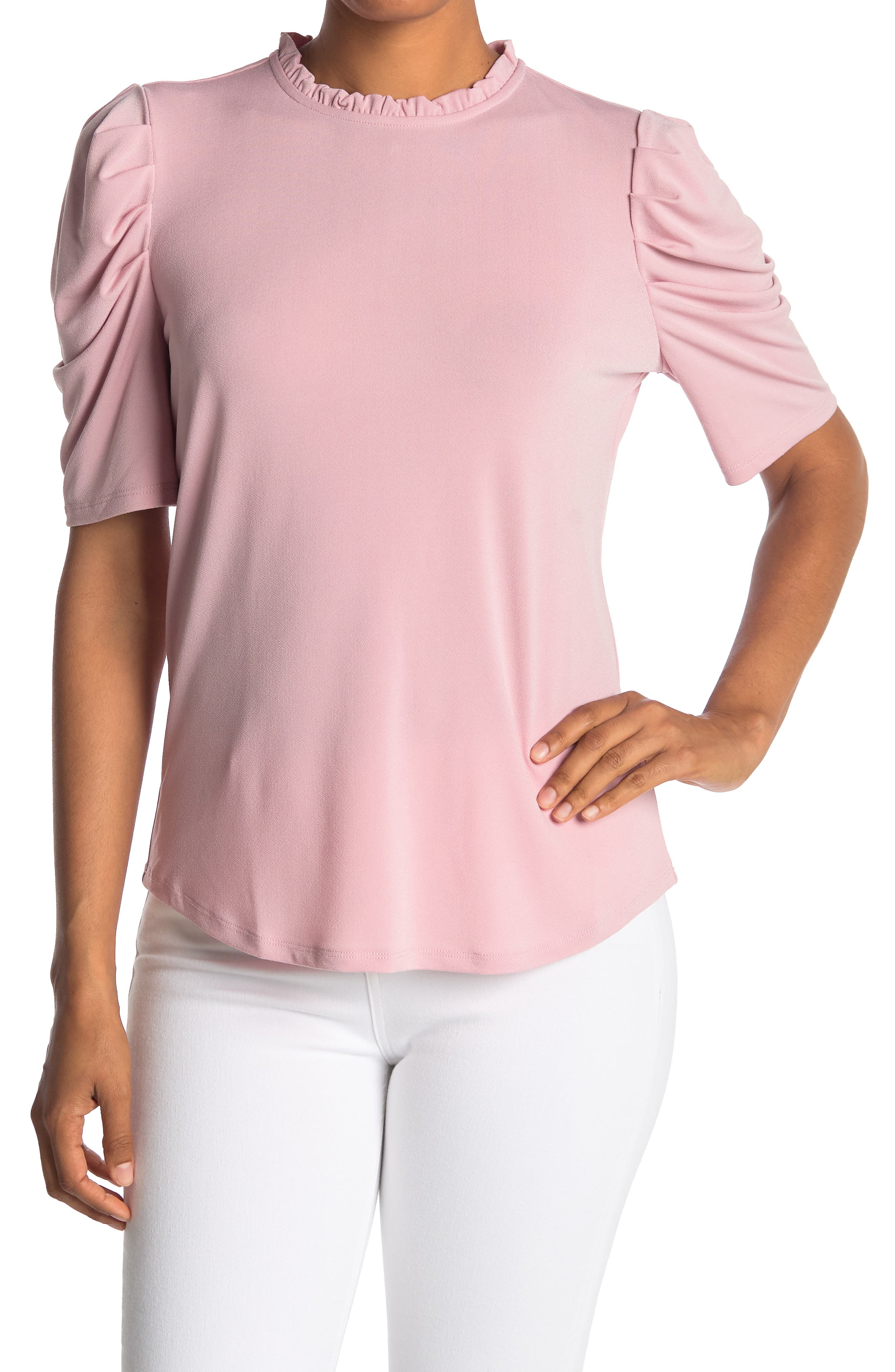 Adrianna Papell Ruffle Neck 3/4 Sleeve Moss Crepe Top In Light/pastel Pink2