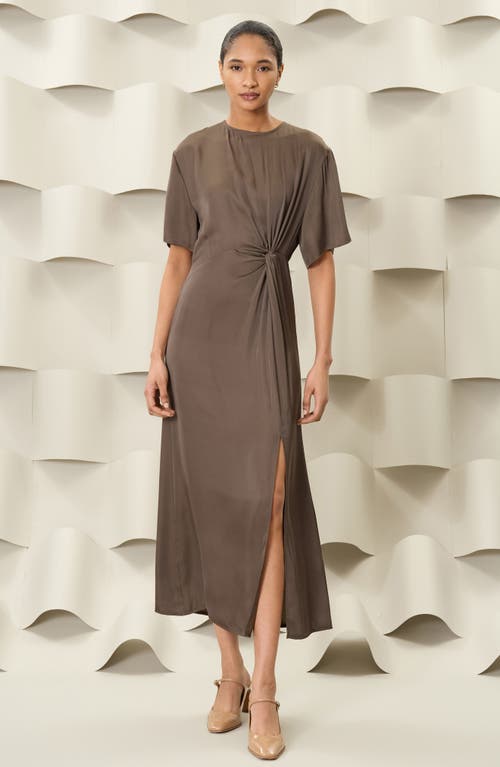 Shop Luxely Knot Waist Satin Maxi Dress In Dark Olive