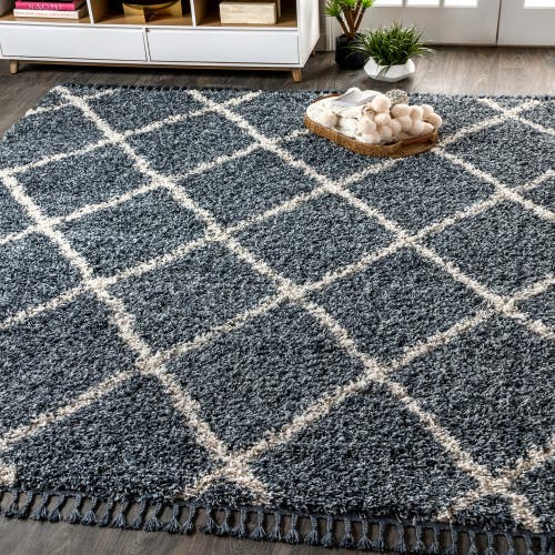 Jonathan Y Mercer Shag Plush Tassel Moroccan Geometric Trellis Denim Area Rug In Denim Blue/cream