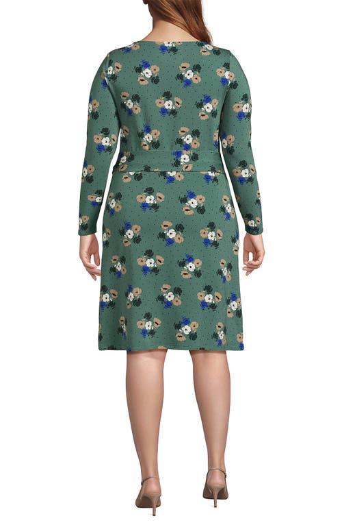 Shop Lands' End Plus Size Boatneck Long Sleeve Tie Waist Dress In Evergreen Multi Dot Floral