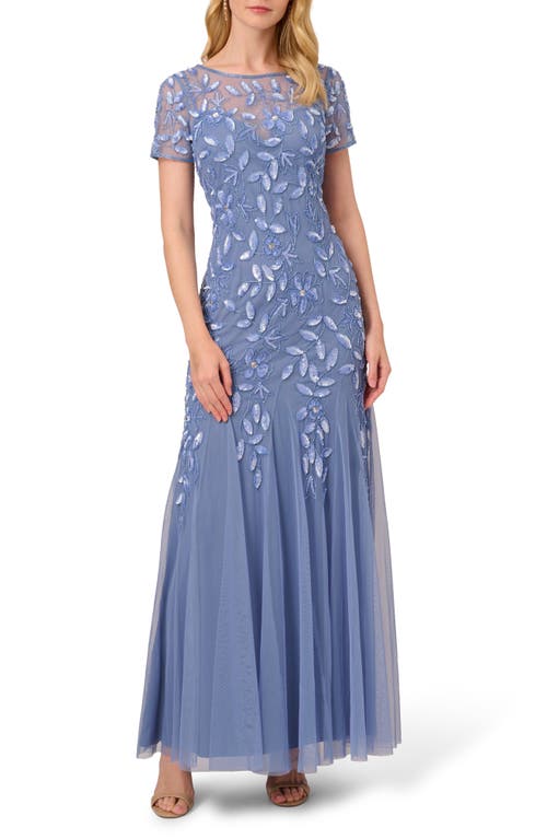 Adrianna Papell Beaded Floral Godet Gown In French Blue