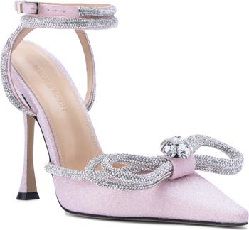 Satin Crystal Bow Slingback Pumps Mixed Color Pointed Thin Heel Slip-On Fanciful Sparkle Fashion