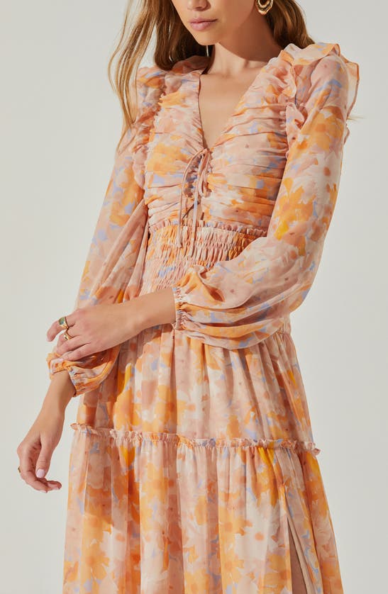 Shop Astr Eloraina Floral Long Sleeve Tiered Midi Dress In Orange Blue Floral