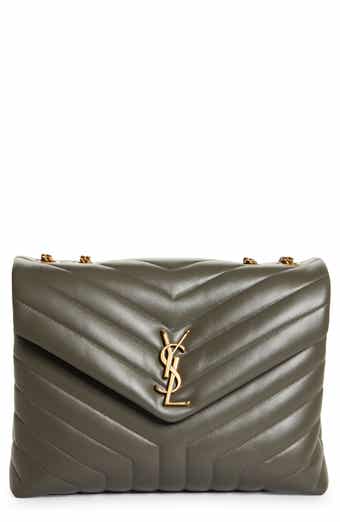 SAINT LAURENT Calfskin Y Quilted Monogram Small Loulou Chain Satchel Olive  1226948