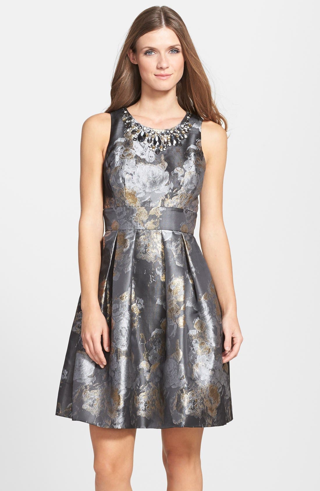 Eliza J Embellished Metallic Jacquard Fit & Flare Dress | Nordstrom