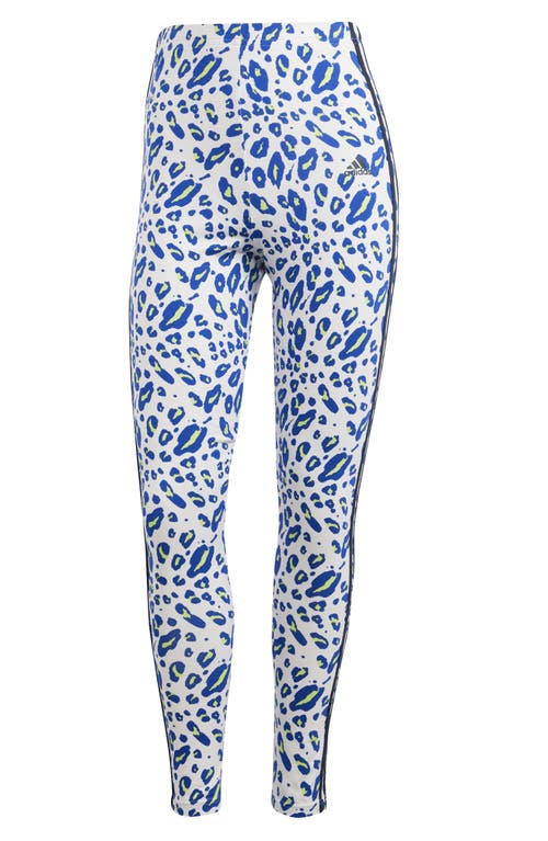 Shop Adidas Originals Adidas 3-stripes Leopard Print High Waist Leggings In White/pulse Lime/lucid Blue