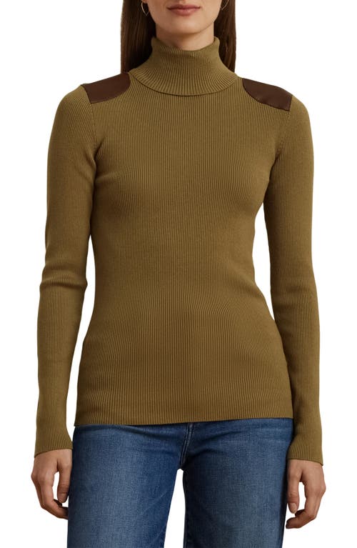 Shop Lauren Ralph Lauren Embellished Rib Cotton Blend Turtleneck Top In Honey Tan