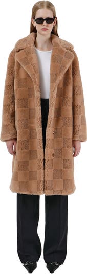 Checkerboard faux fur outlet coat