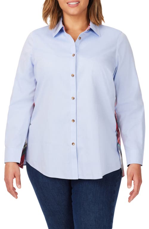 Foxcroft Bennet Plaid Trim Cotton Button-Up Shirt Blue Wavee at Nordstrom,