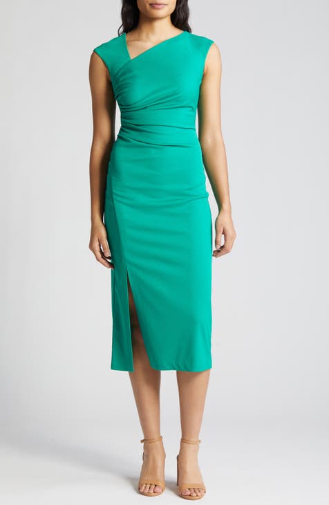 Asymmetric Neck Side Ruched Midi Sheath Dress