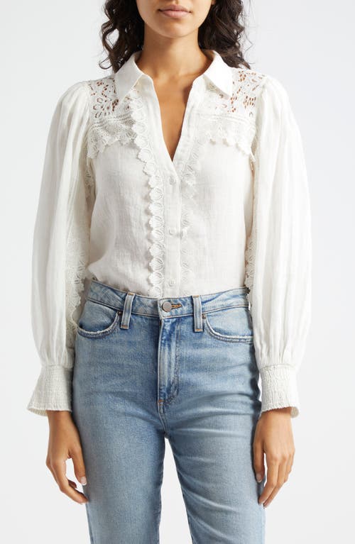 Shop Alice And Olivia Alice + Olivia Venty Lace Detail Linen Button-up Shirt In Off White