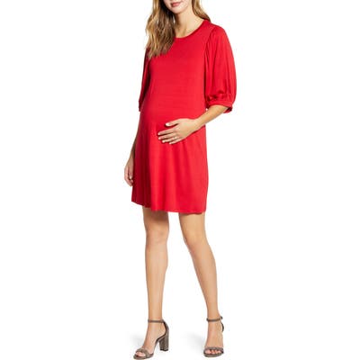Maternal America Balloon Sleeve Maternity Dress, Red