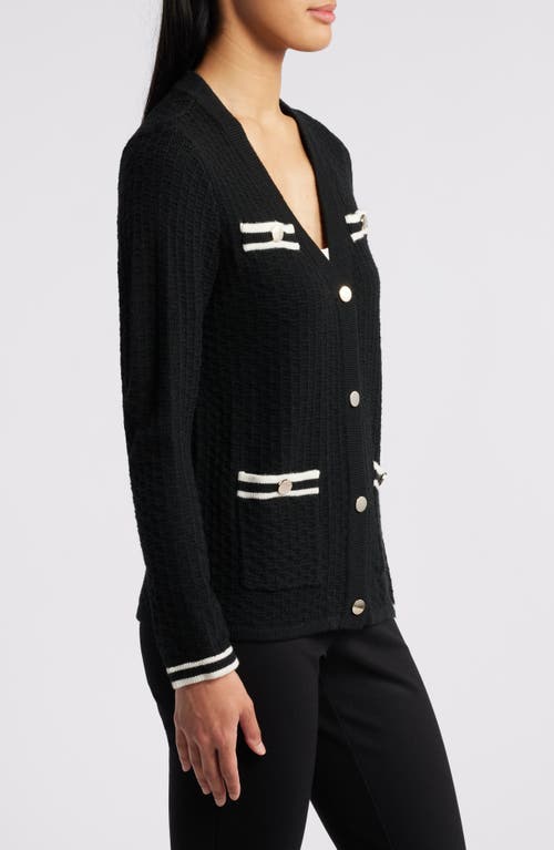 Shop Anne Klein Tipped Pocket Cardigan In Anne Black/anne White