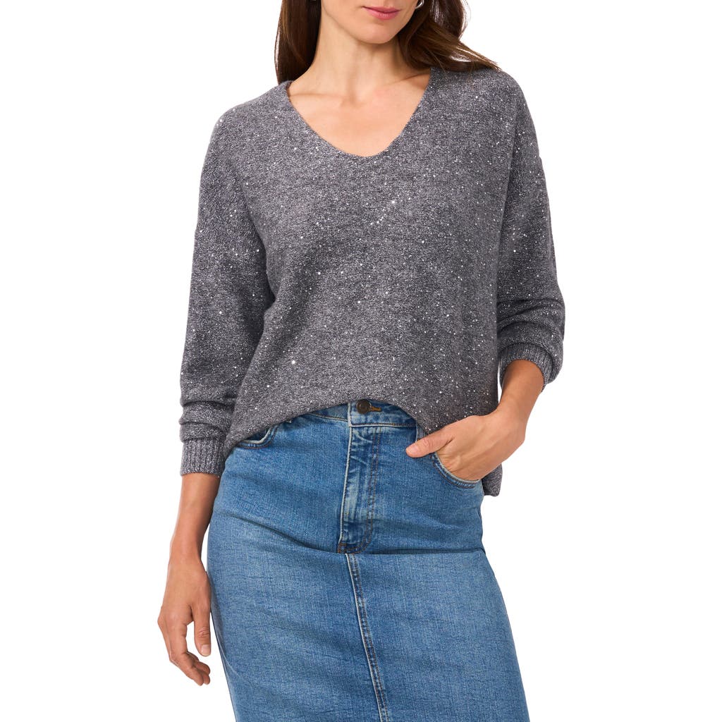 Vince Camuto Sequin Detail V-neck Sweater In Ash Grey