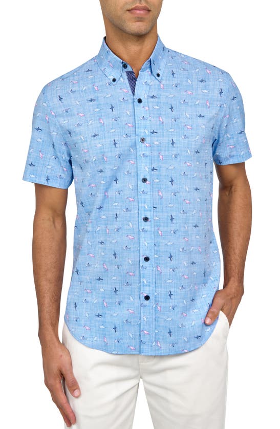Construct Slim Fit Whale Four-way Stretch Performance Short Sleeve Button-down Shirt In Blue