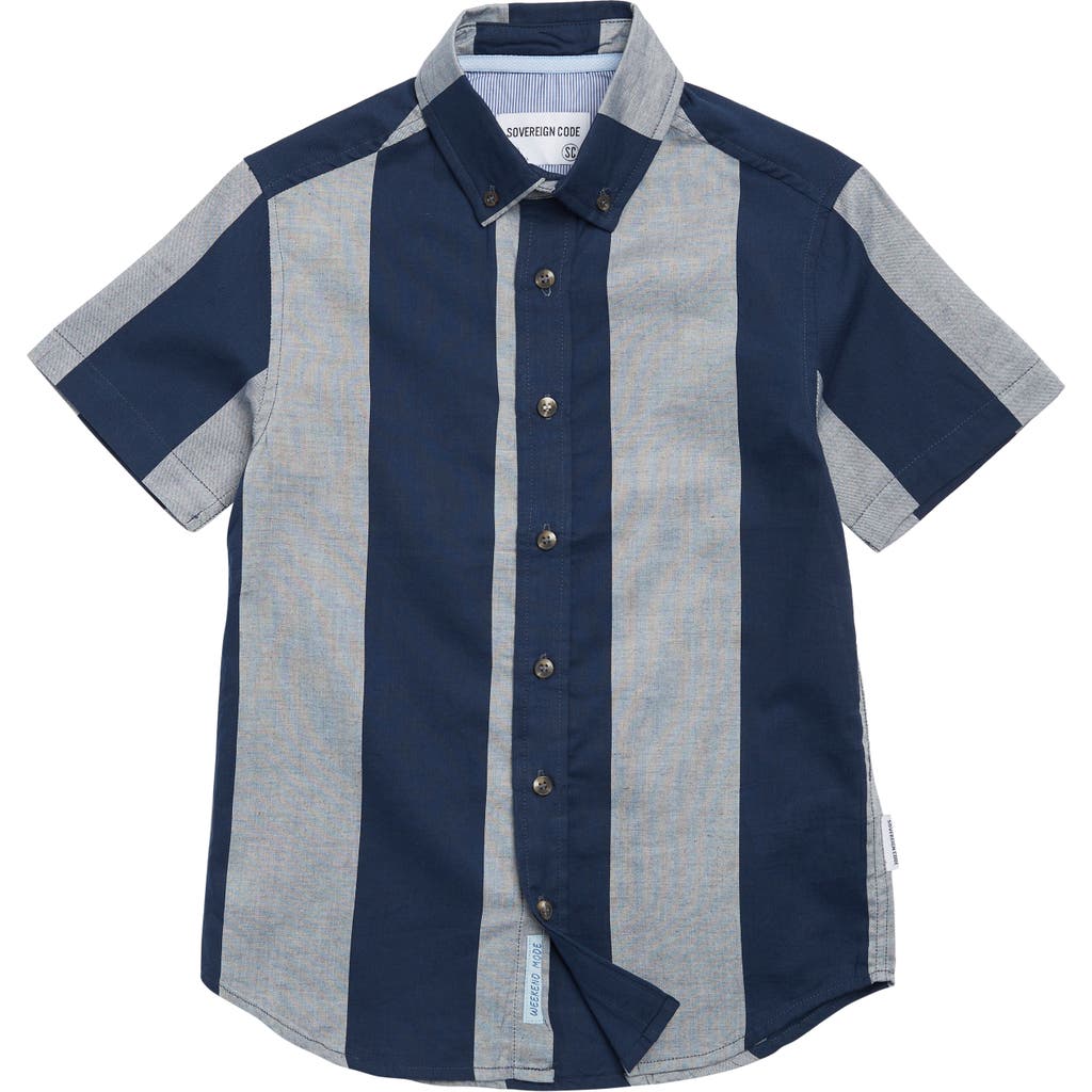 Sovereign Code Big Stripe Cotton Short Sleeve Button-up Shirt In Blue