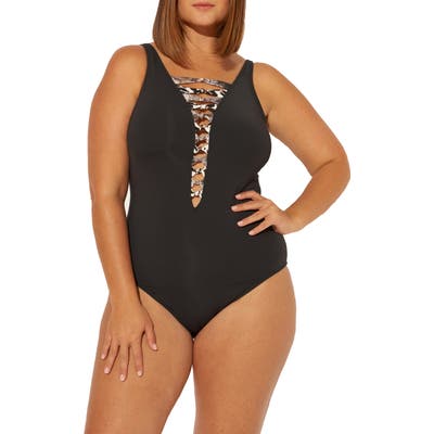 Plus Size Bleu By Rod Beattie Skin Games Lace-Up One-Piece Swimsuit, Black