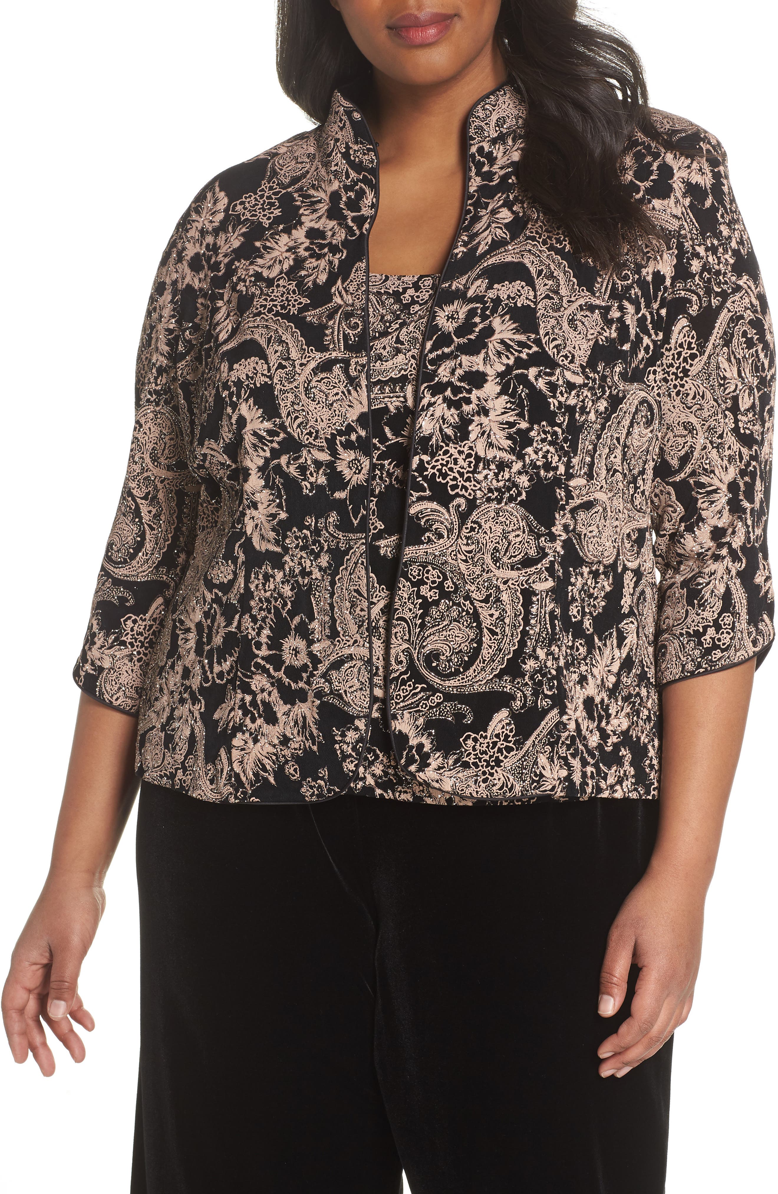 Alex Evenings Glitter Print Top & Jacket In Blk/coral