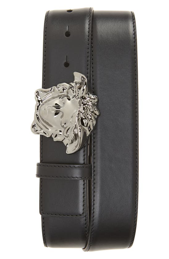 Versace Medusa Head Gold-toned Buckle Leather Belt In Black-ruthenium