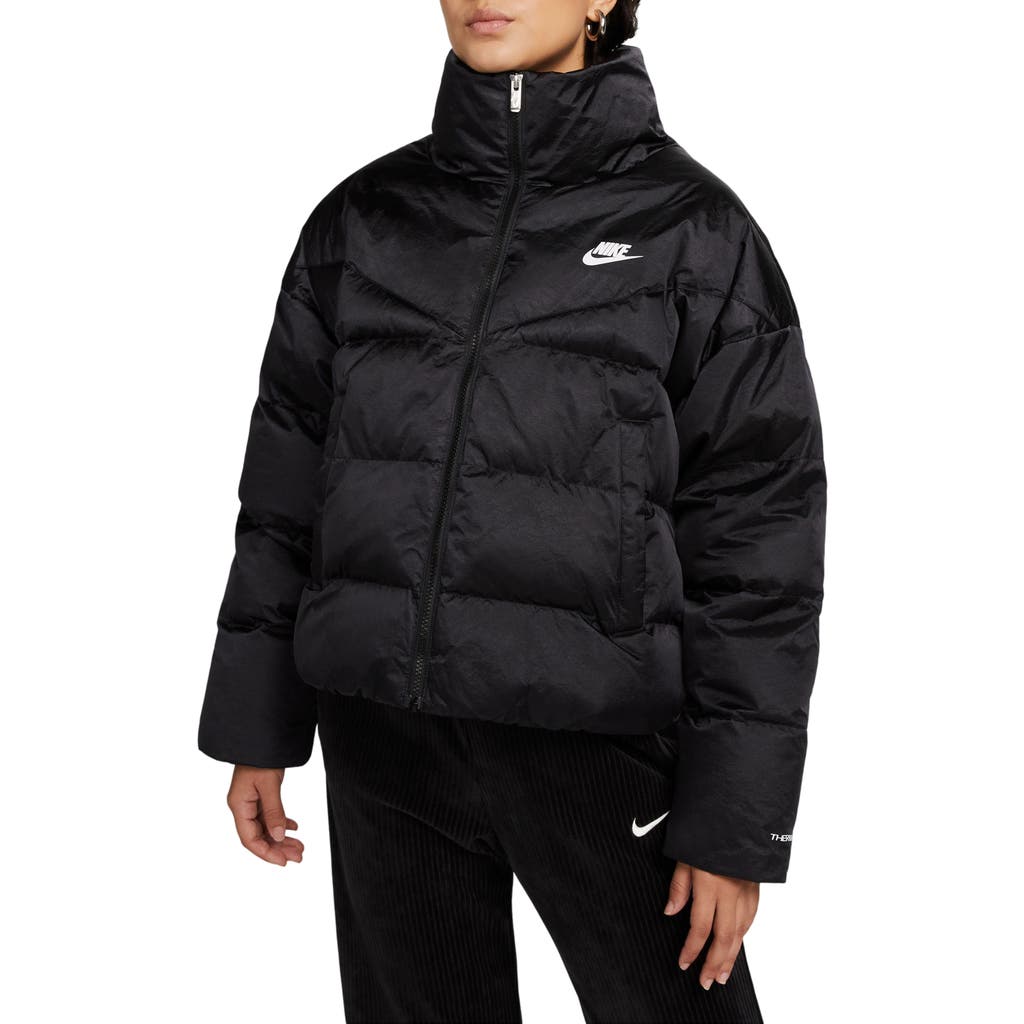 Shop Nike Sportswear Therma-fit City Series Shine Puffer Jacket In Black/black/white